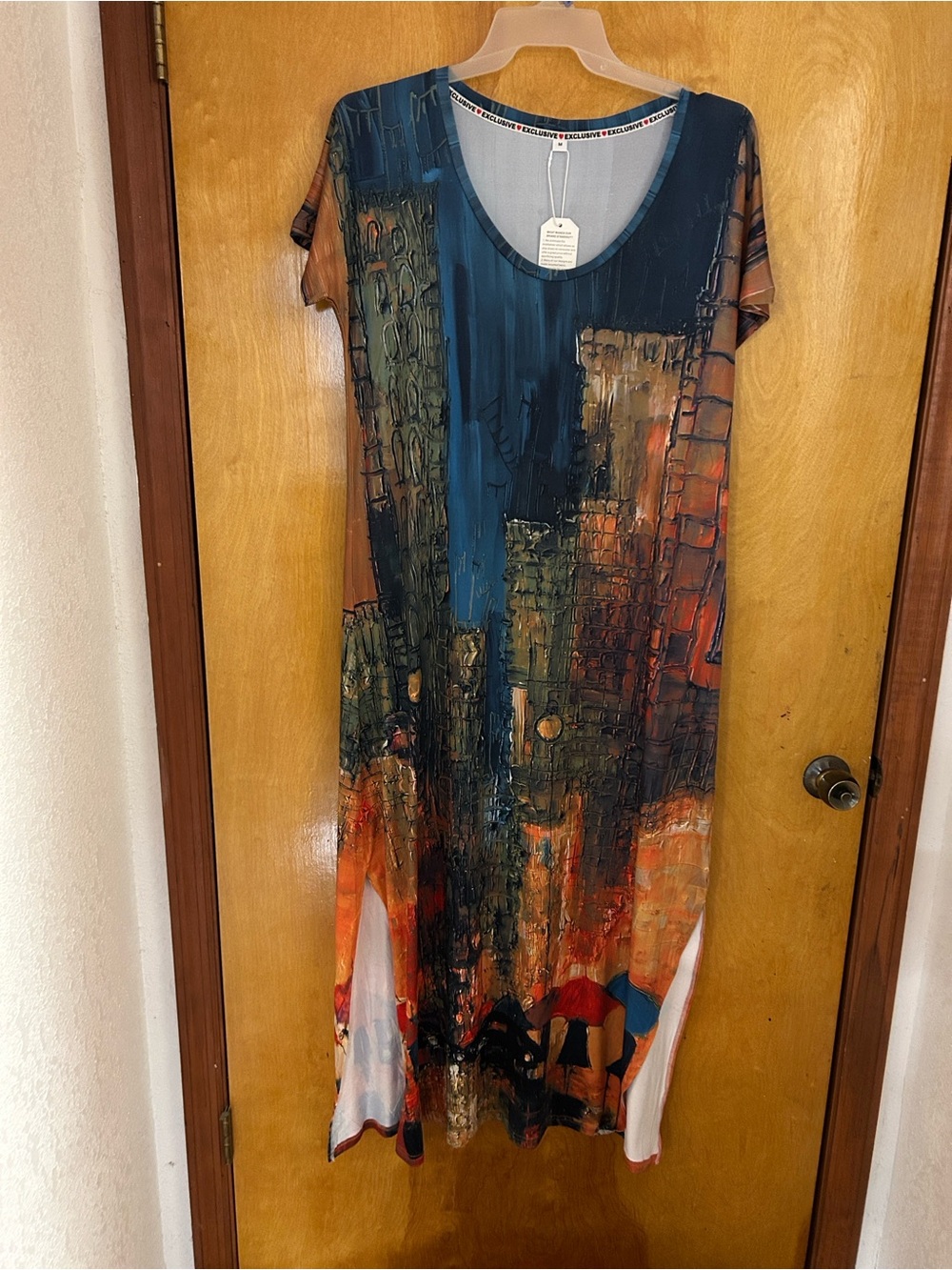 SHEIN Teal Navy Burnt Orange Abstract Short-Sleeve Maxi Dress